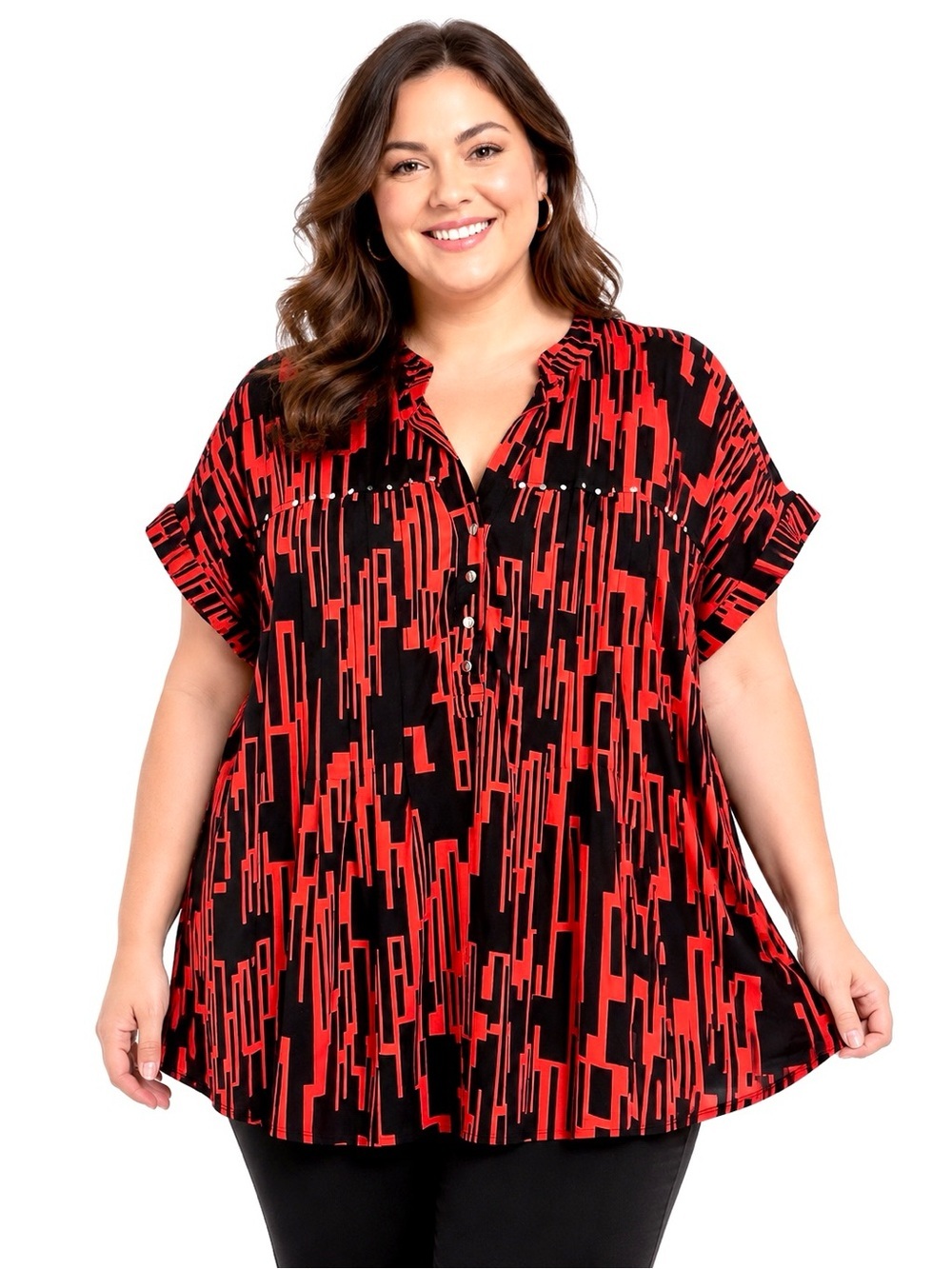 Cocomo plus 2X Black Red Geometric pintuck pleated front V-neckline tunic blouse